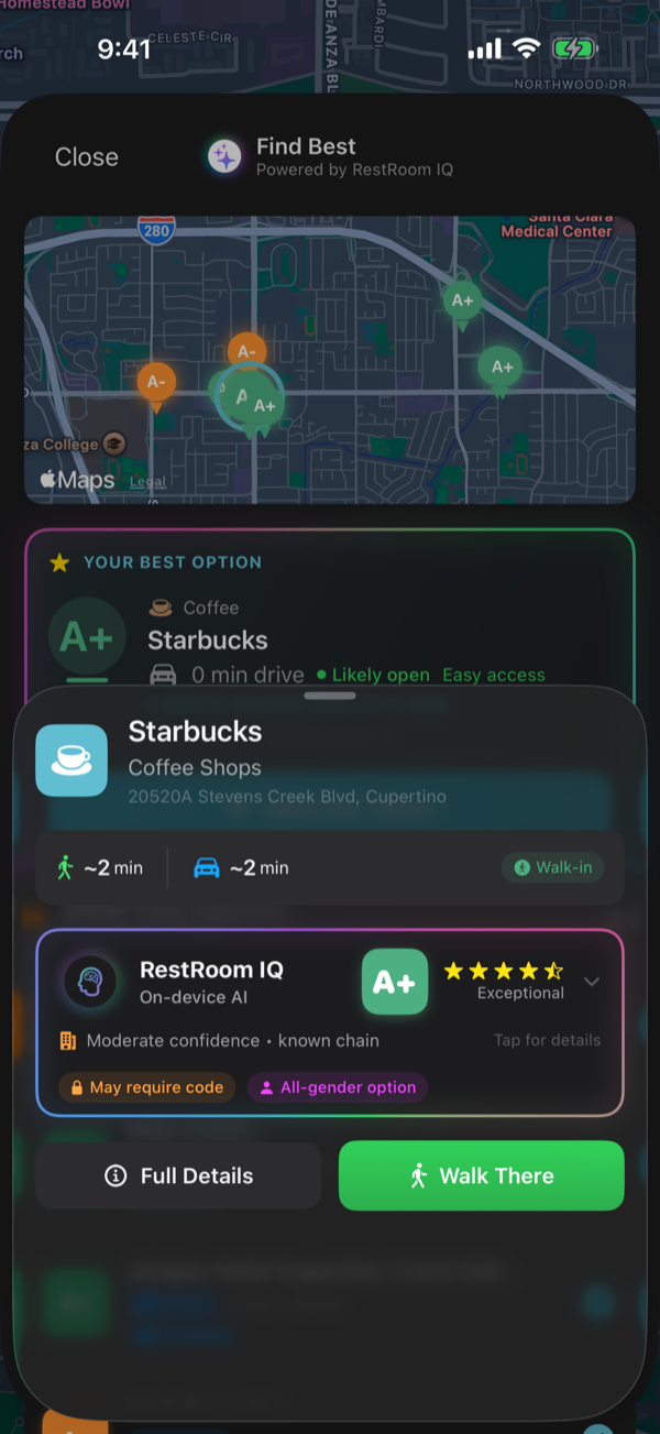 RestMap place details with RestRoom IQ rating and accessibility info